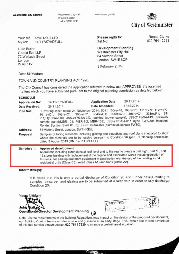 Разрешение на пристройку этажей, замену остекления и фасадов в здании на 55 Victoria Street, London